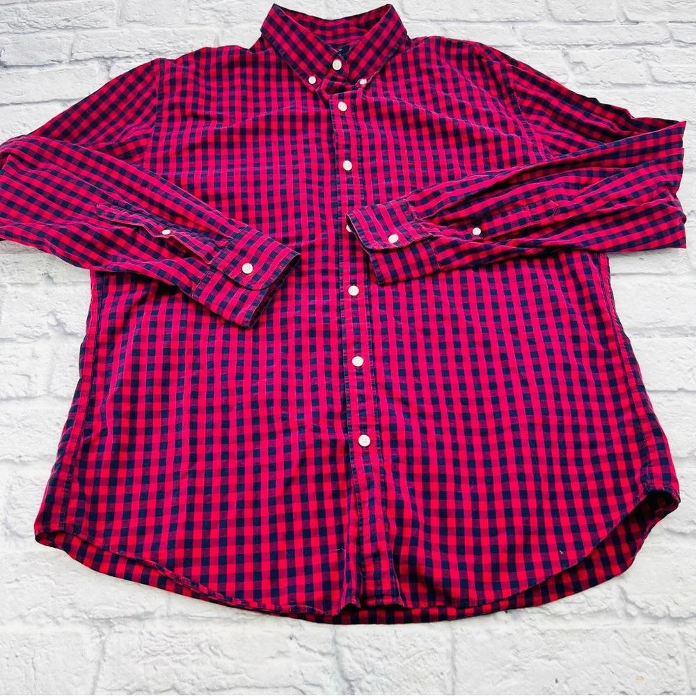 J. Crew Factory Men's Long Sleeve Button Down Shirt Red Blue Gingham Plaid